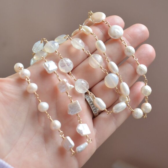 Long White Gemstone and Pearl Necklace in Gold - Picture 7 of 10